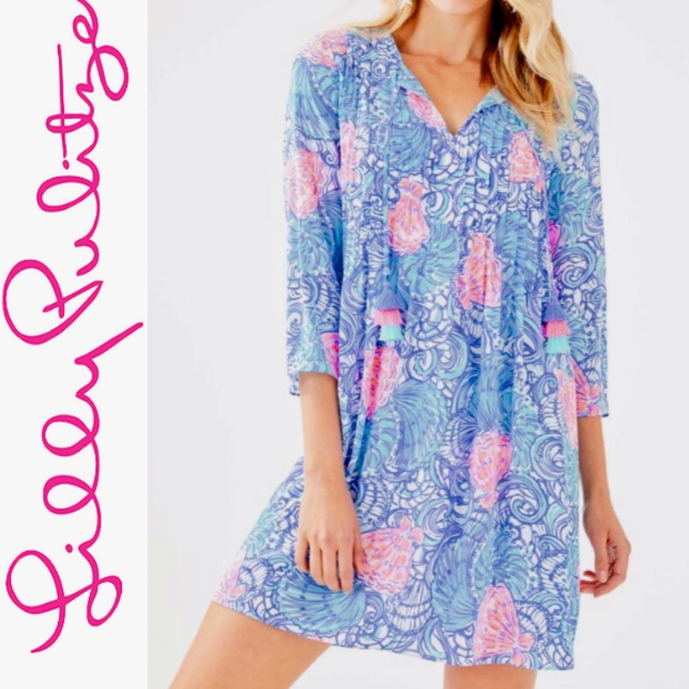 LILLY PULITZER MARLINA TUNIC DRESS w/ Tassels BLUE HAVEN RAISING SHELL sz XS